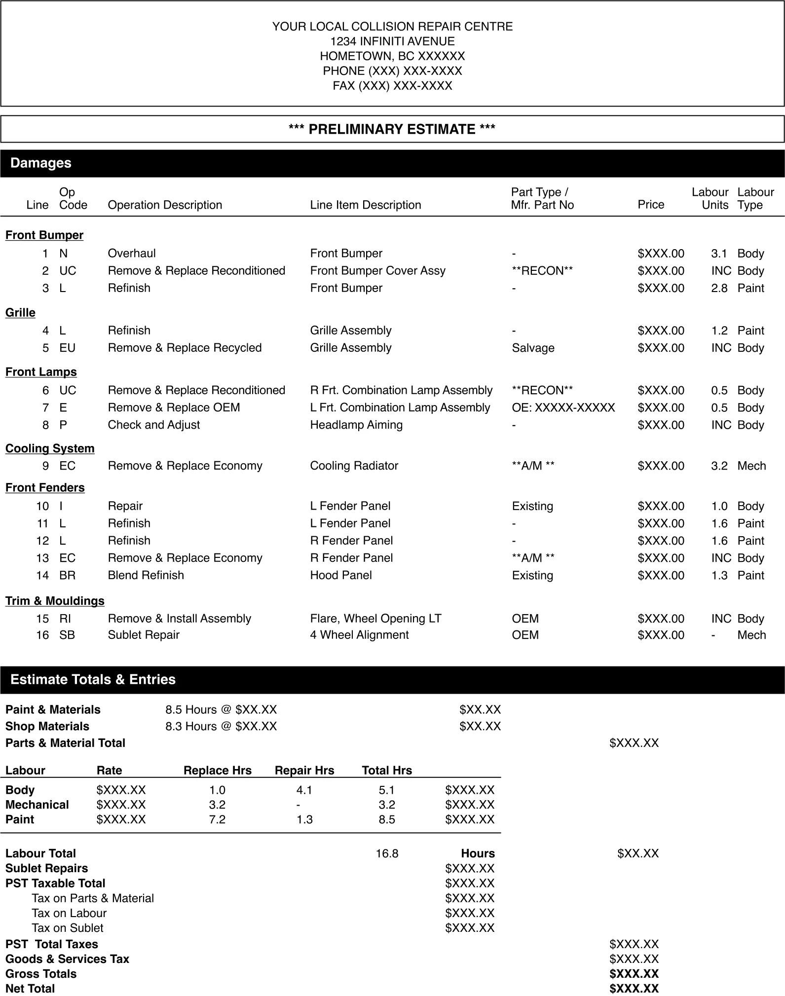 Image of an example repair estimate sheet. The user can click on the numbered buttons on the repair estimate sheet for an explanation of the terms and abbreviations frequently used on a collision estimate, so that the user has a better understanding of the repair operations and parts provided in the repair.